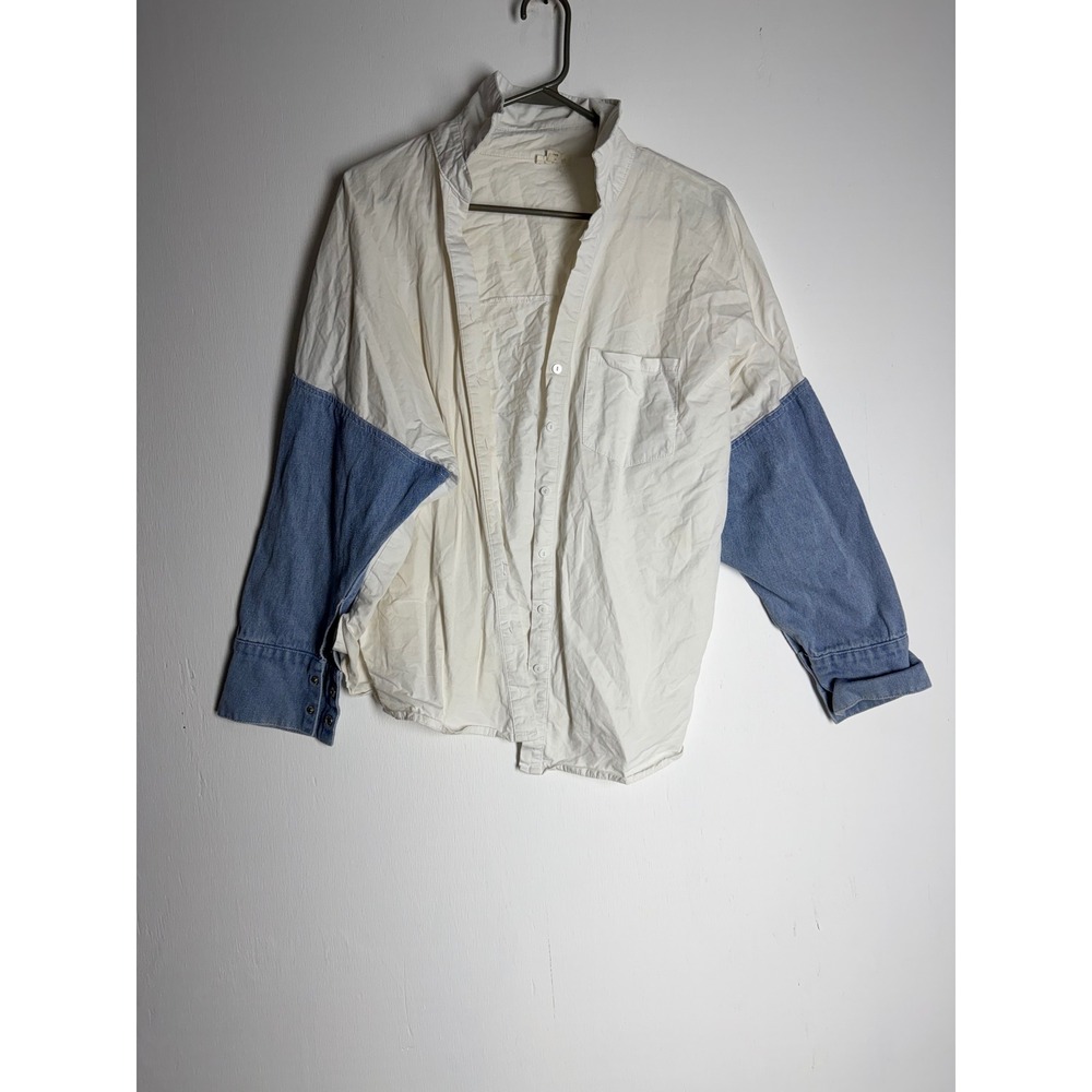 POL Mixed Media Denim Sleeve Button Down Shirt White Blue Small Oversized Boho